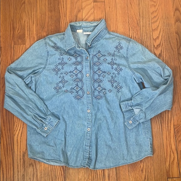 Vintage Kathy Che Chambray Button Down Shirt size 18 90's Embroidered Denim - Picture 1 of 11